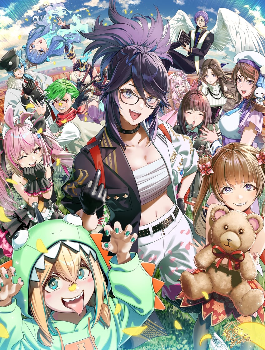 kson, amano pikamee, tomari mari, souchou, rikudou yura, and 8 more (indie virtual youtuber and 4 more) drawn by sandal_master