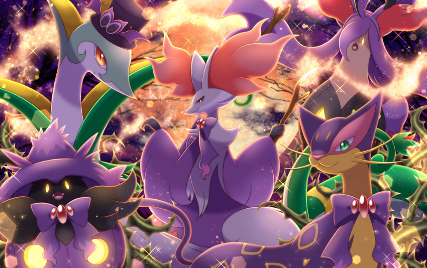 serperior, delphox, pumpkaboo, liepard, gourgeist, and 1 more (pokemon) drawn by maiko_(mimi)