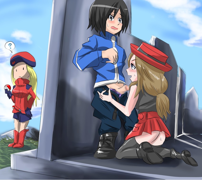 serena, calem, and pokemon ranger (pokemon and 1 more) drawn by hakoiribox