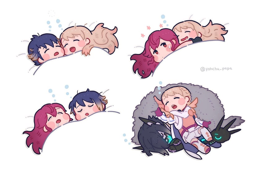 anna, sharena, alfonse, and lif (fire emblem and 1 more) drawn by mushi_rags