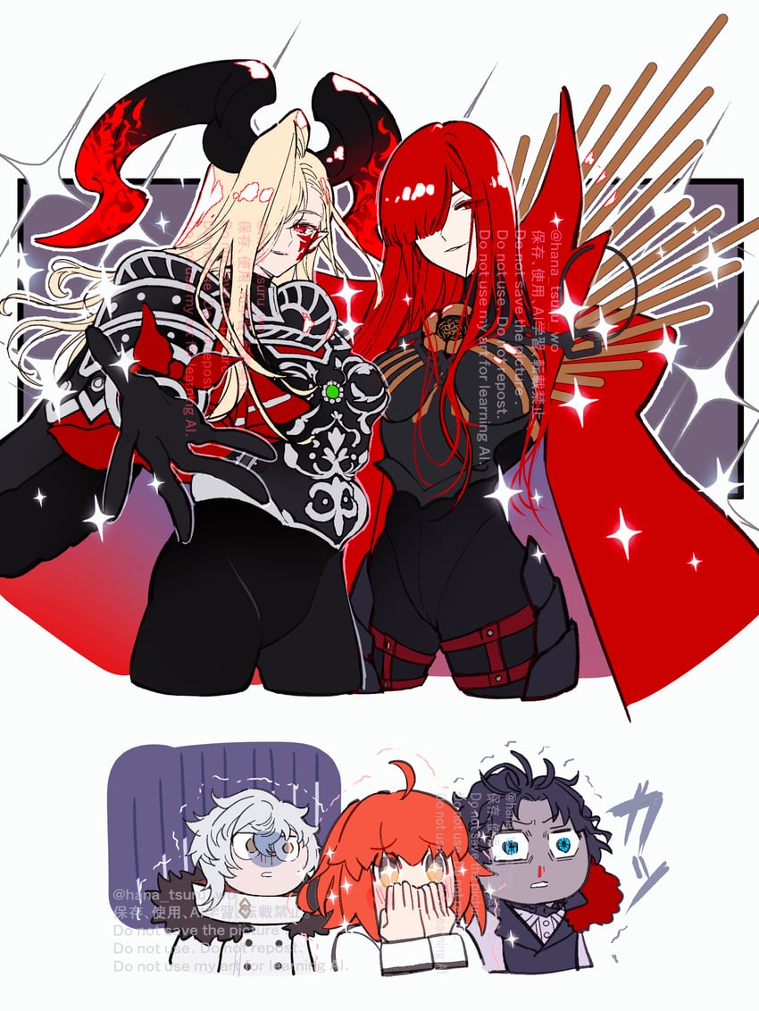 fujimaru ritsuka, nero claudius, oda nobunaga, queen draco, kadoc zemlupus, and 1 more (fate and 1 more) drawn by sugomori_tsuru_(hana_tsuru_wo)
