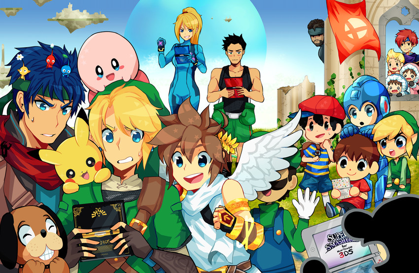 link, pikachu, kirby, samus aran, luigi, and 17 more (pokemon and 25 more) drawn by aretama