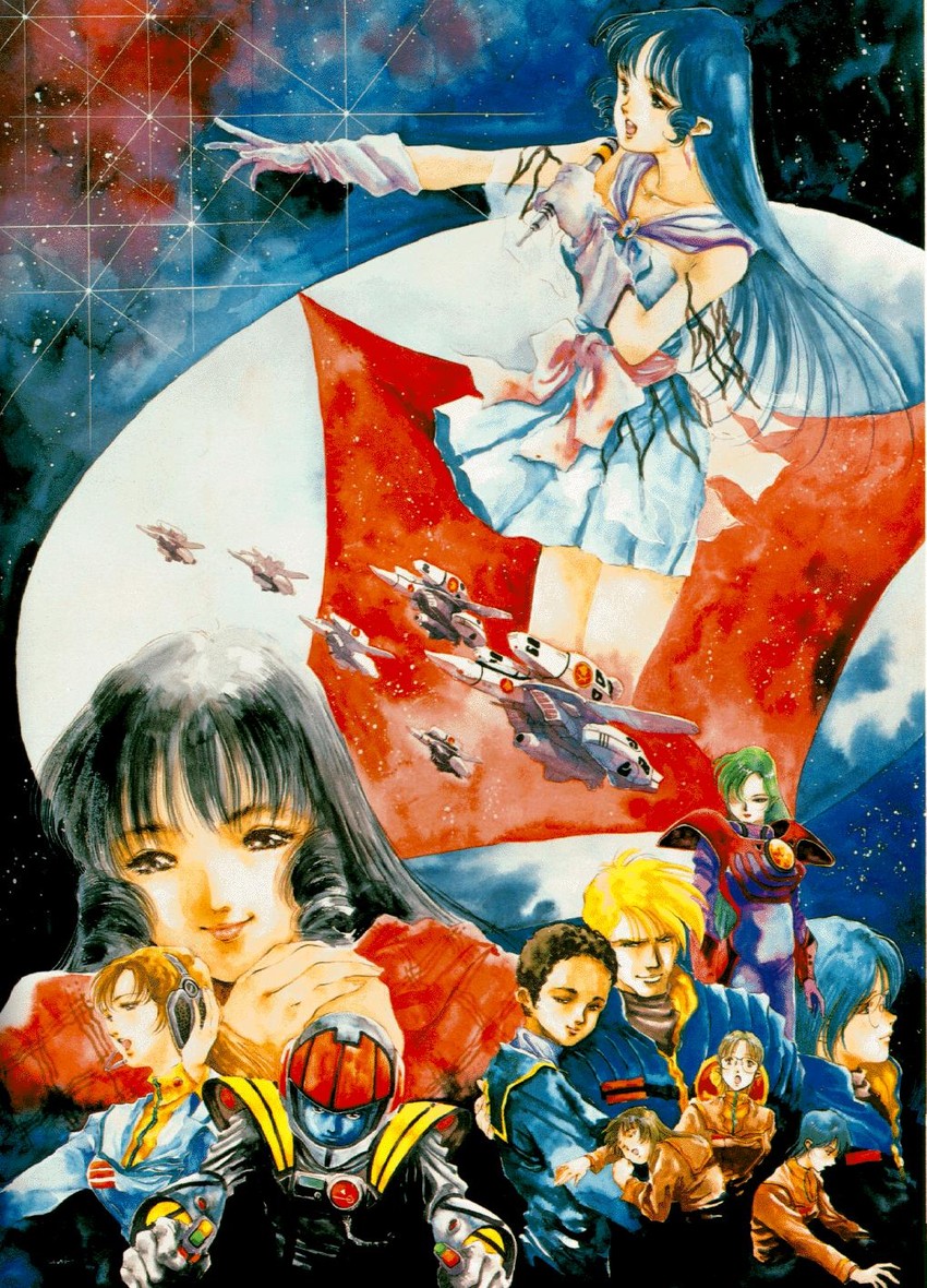 vf-1, lynn minmay, ichijou hikaru, hayase misa, maximilian jenius, and 8 more (macross and 2 more) drawn by mikimoto_haruhiko