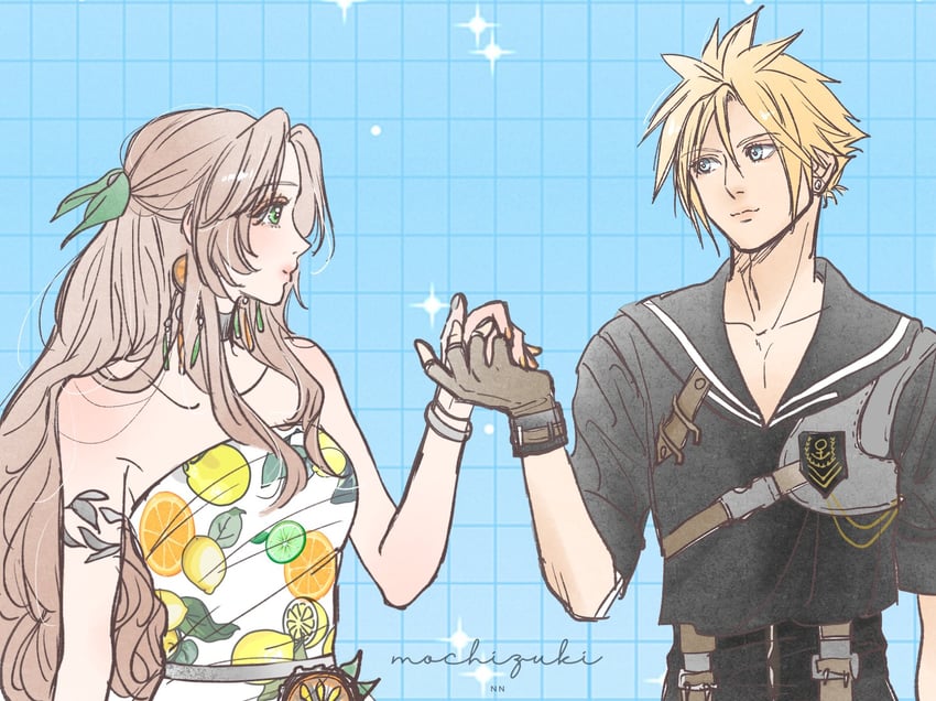 cloud strife and aerith gainsborough (final fantasy and 2 more) drawn by omochi_daisuki
