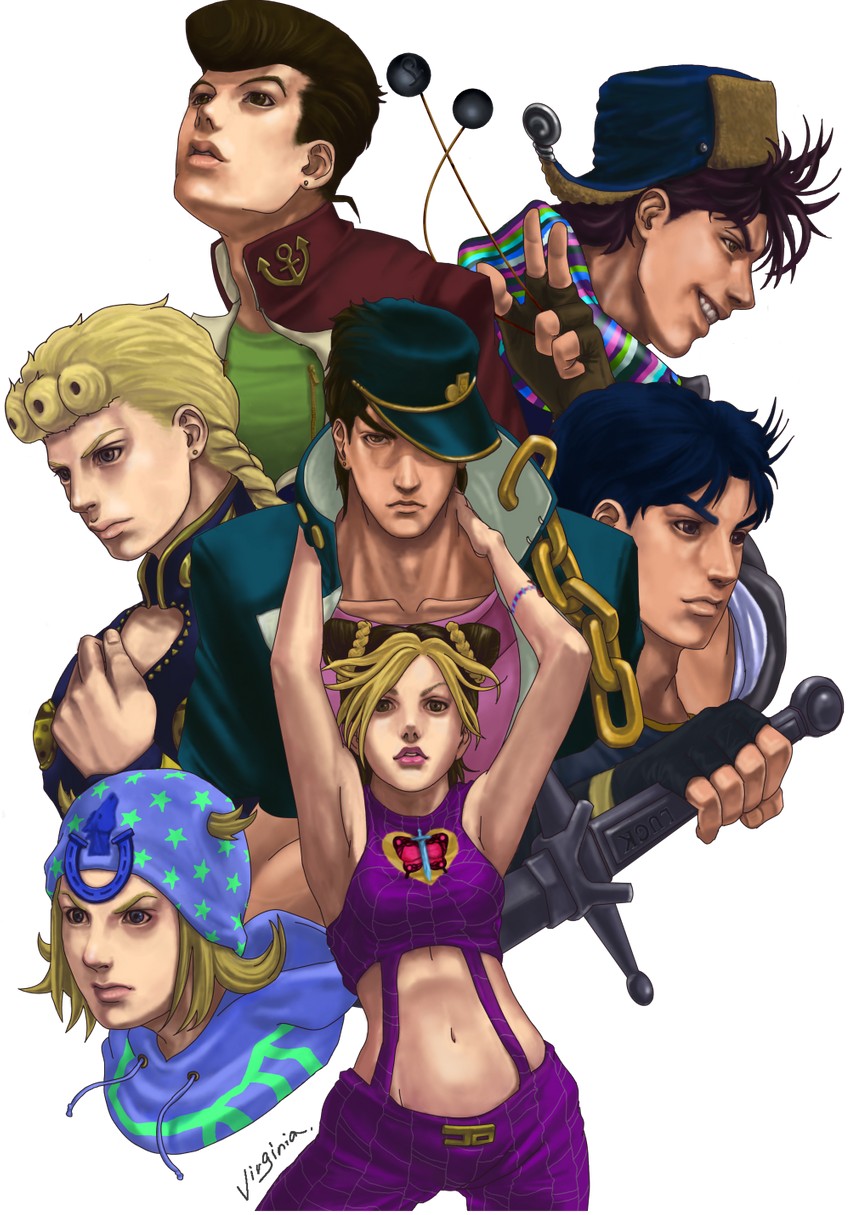 joseph joestar, kujo jotaro, kujo jolyne, giorno giovanna, jonathan joestar, and 2 more (jojo no kimyou na bouken and 7 more)