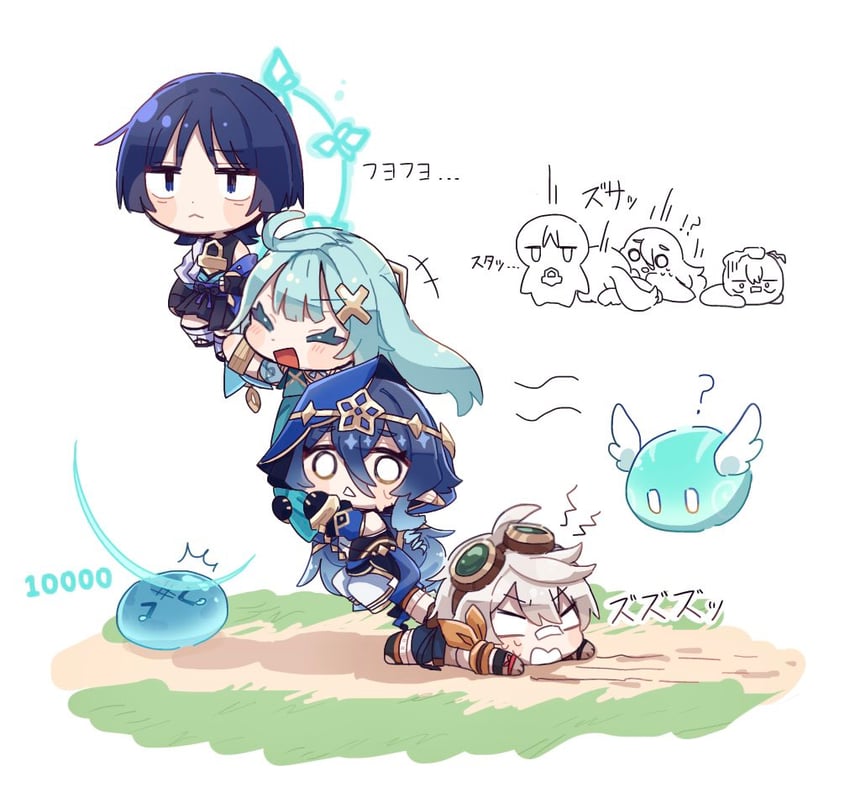 scaramouche, wanderer, slime, faruzan, layla, and 2 more (genshin impact) drawn by marutaruuu