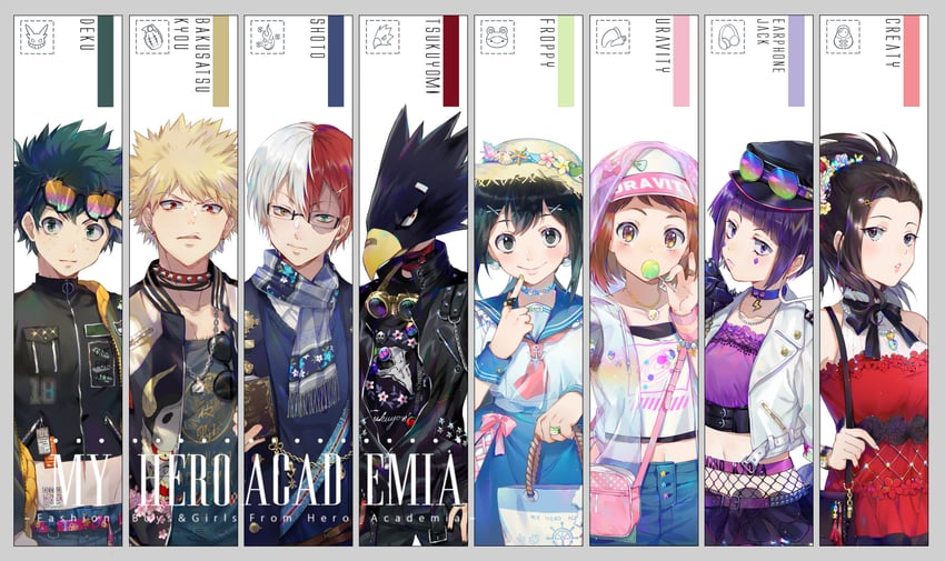 midoriya izuku, uraraka ochaco, bakugou katsuki, todoroki shoto, asui tsuyu, and 3 more (boku no hero academia) drawn by ekita_kuro