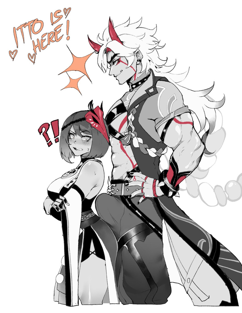 kujou sara and arataki itto (genshin impact) drawn by nyantcha