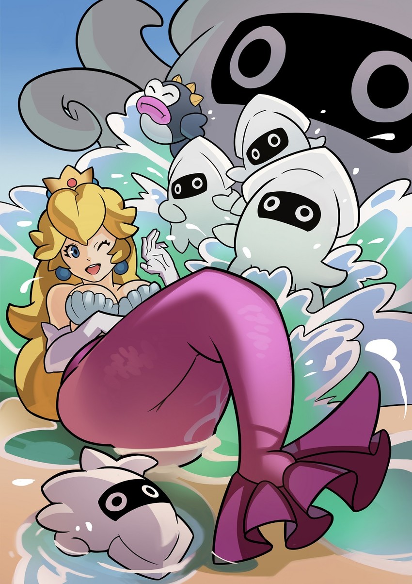 princess peach, blooper, cheep cheep, and mermaid peach (mario) drawn by splashbrush