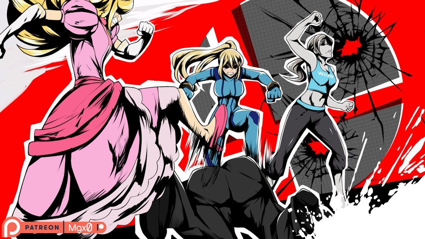 princess peach, samus aran, amamiya ren, and wii fit trainer (jojo no kimyou na bouken and 7 more) drawn by mgx0