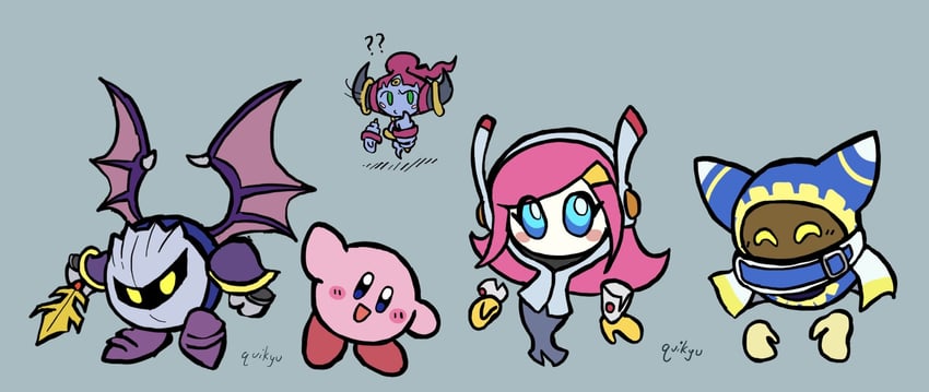 kirby, meta knight, magolor, susie, and hoopa (pokemon and 1 more) drawn by quikyu