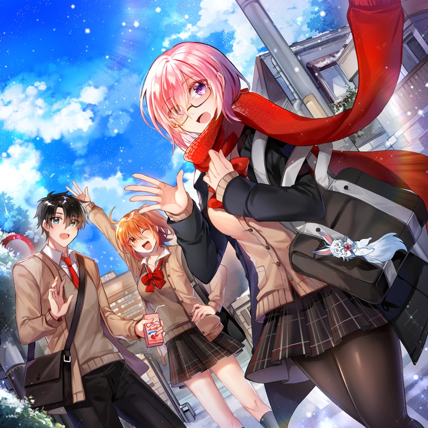 mash kyrielight, fujimaru ritsuka, and fou (fate and 1 more) drawn by rijjin