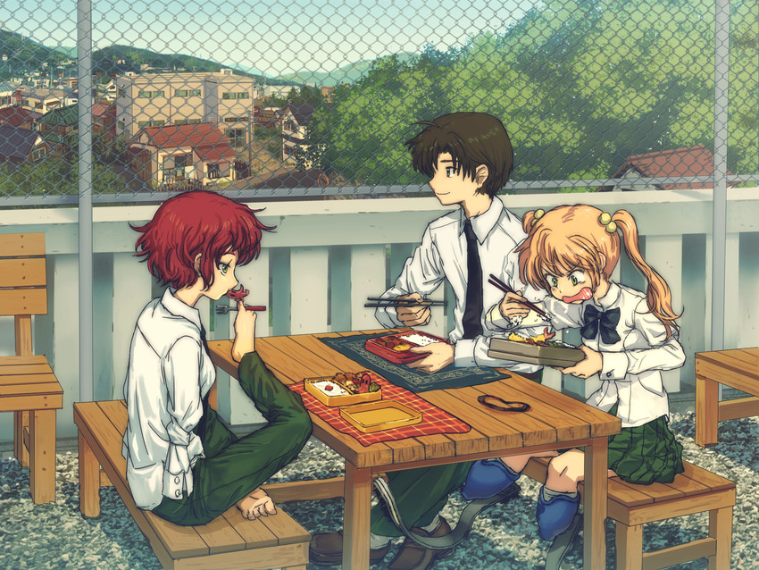 tezuka rin, ibarazaki emi, and nakai hisao (katawa shoujo) drawn by horuda