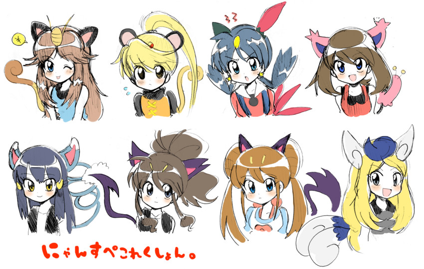 may, rosa, hilda, serena, meowth, and 9 more (pokemon and 1 more) drawn by yatsuhashi_otogi