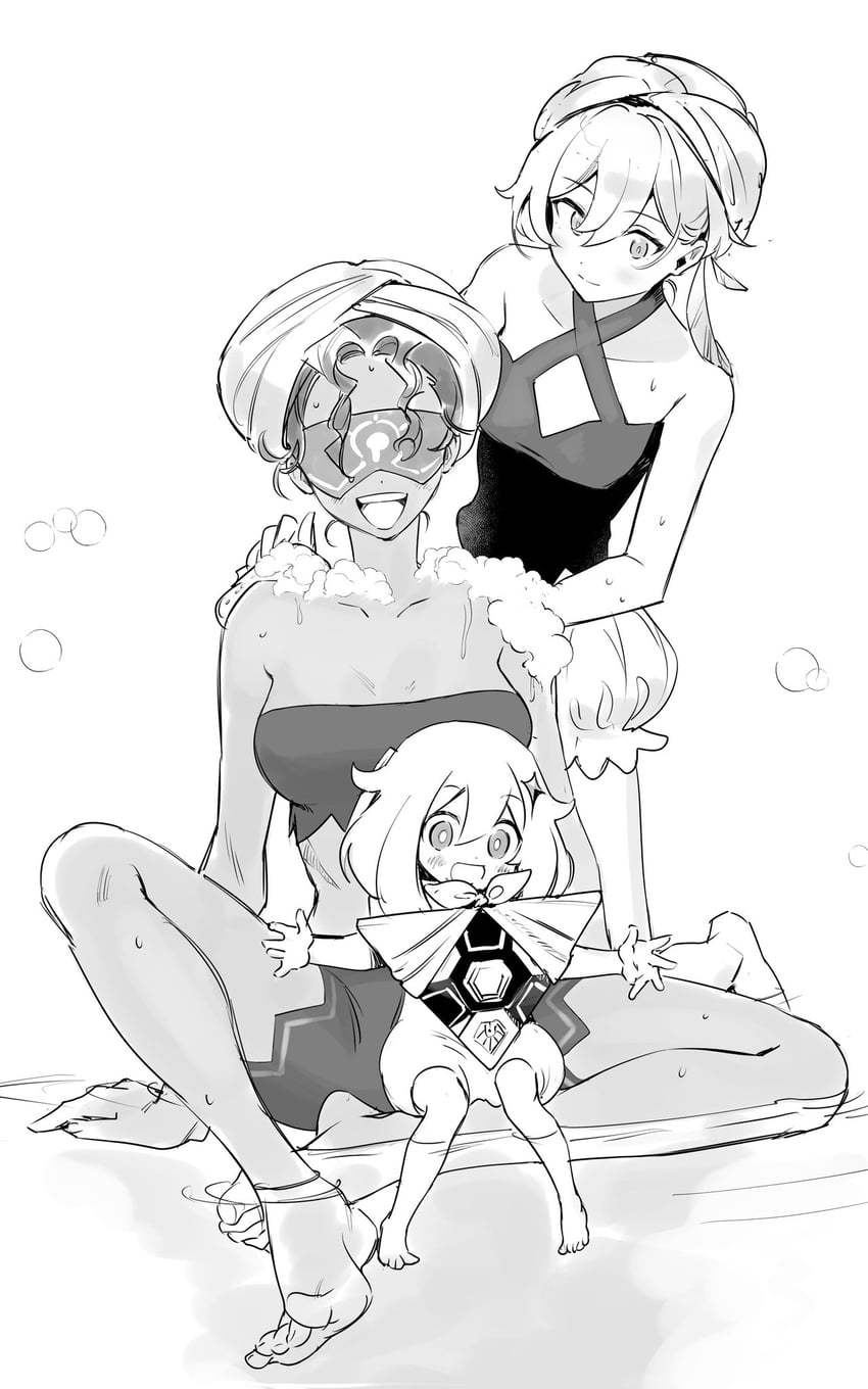 lumine, paimon, jeht, and benben (genshin impact) drawn by sabi11riw