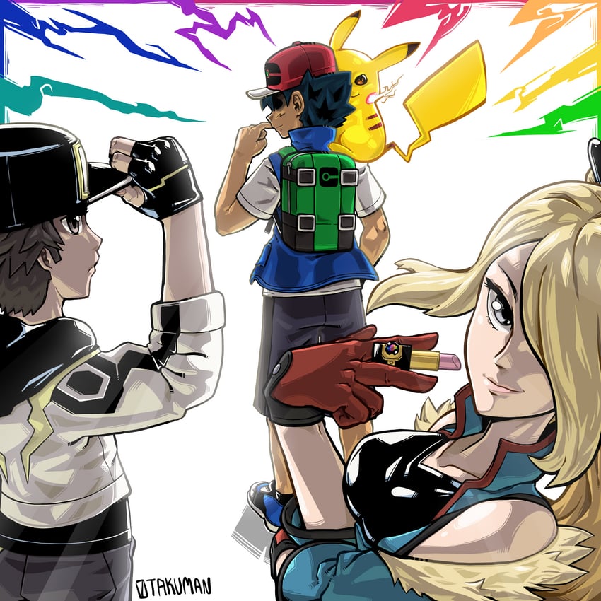 pikachu, cynthia, ash ketchum, and red (pokemon and 2 more) drawn by otakuman
