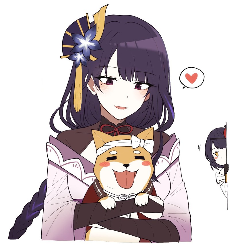 raiden shogun, kujou sara, and taroumaru (genshin impact) drawn by lix_(iroiro3843)