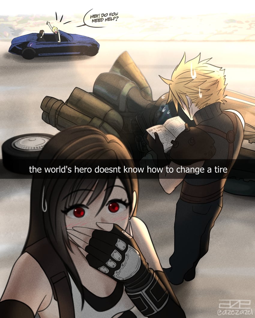 tifa lockhart, cloud strife, noctis lucis caelum, prompto argentum, and ignis scientia (final fantasy and 4 more) drawn by azezazel