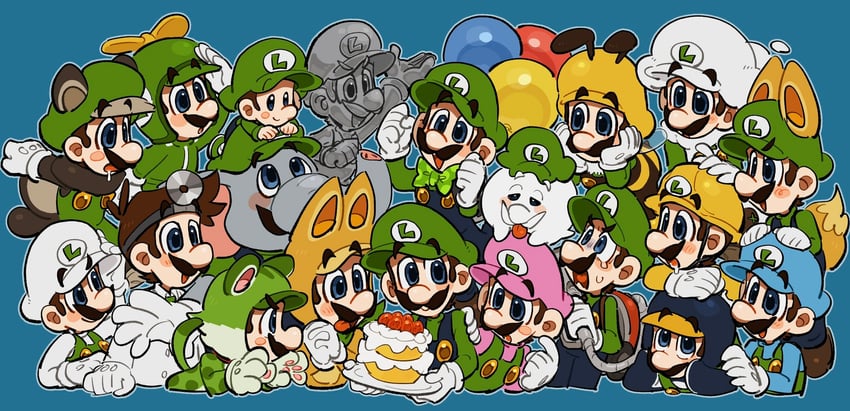 luigi, boo, baby luigi, kitsune luigi, cat luigi, and 14 more (mario and 11 more) drawn by mimimi_(mimimim9999)