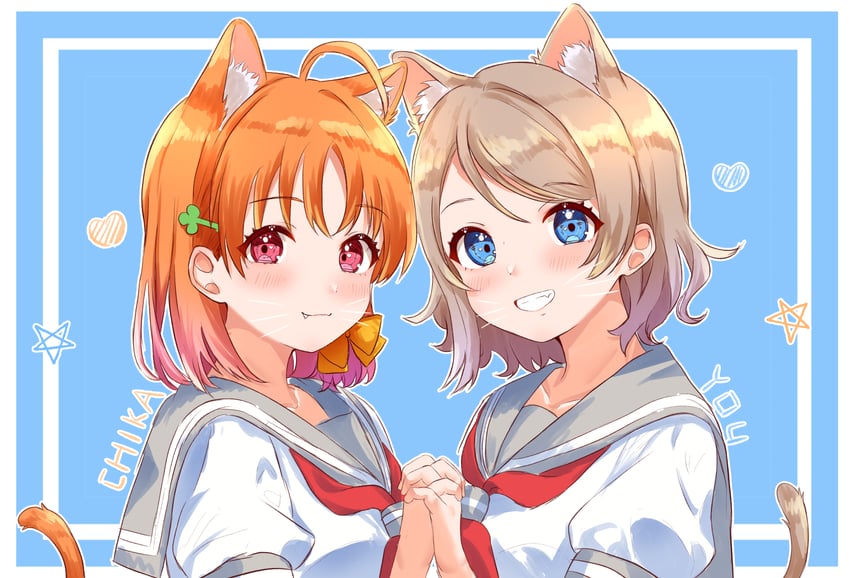 watanabe you and takami chika (love live! and 1 more) drawn by kuntze