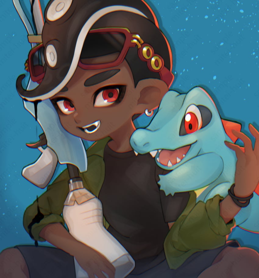 octoling player character, octoling boy, and totodile (pokemon and 2 more) drawn by oekk_8