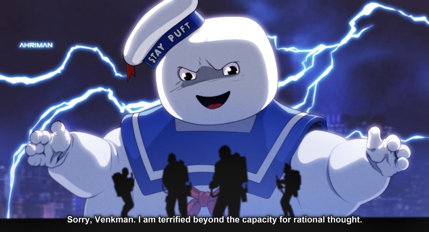 stay puft, peter venkman, raymond stantz, egon spengler, and winston zeddemore (ghostbusters) drawn by dmitry_grozov