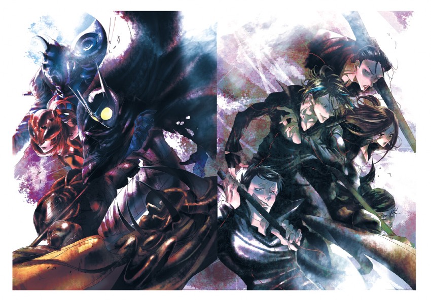 kamen rider eternal, heat dopant, luna dopant, daido katsumi, trigger dopant, and 5 more (kamen rider and 1 more) drawn by japomen