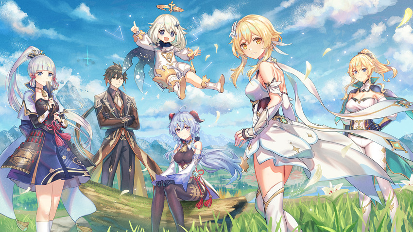 ganyu, lumine, zhongli, paimon, kamisato ayaka, and 1 more (genshin impact) drawn by anbe_yoshirou