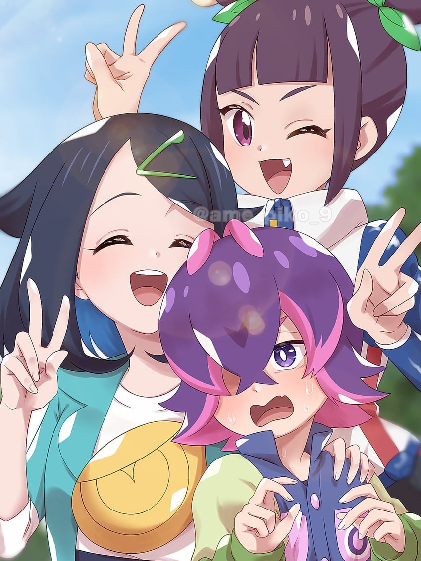 liko, dot, and ann (pokemon and 1 more) drawn by amedamaneko