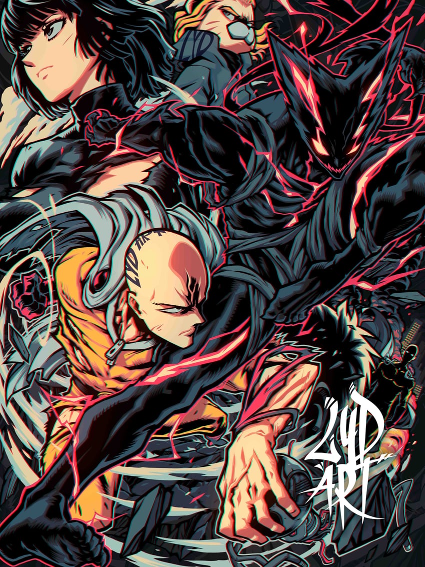 fubuki, saitama, king, and garou (one-punch man) drawn by lydart_mclo
