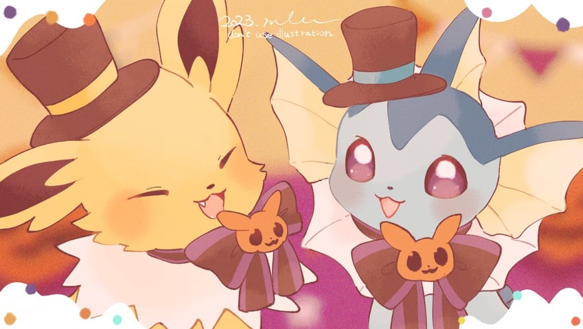 vaporeon and jolteon (pokemon and 1 more) drawn by mkt_(buizu-miki)
