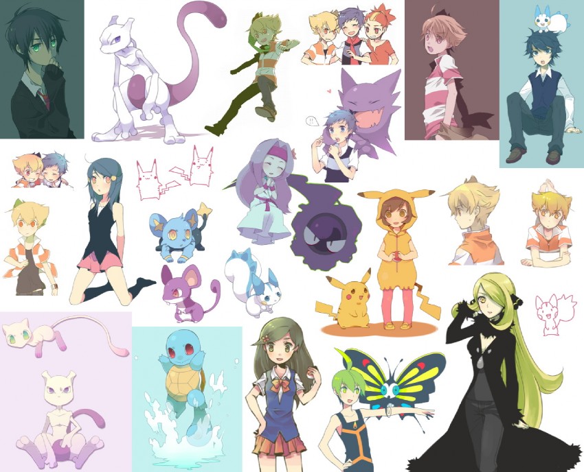pikachu, dawn, cynthia, squirtle, lucas, and 14 more (pokemon and 1 more) drawn by kokemomo_sayakusa