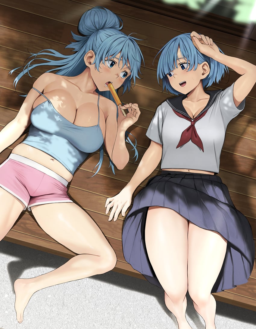 rem and aqua (kono subarashii sekai ni shukufuku wo! and 2 more) drawn by izawa_(bhive003)