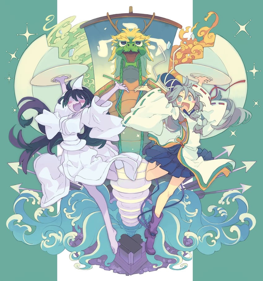 mononobe no futo and okiku (touhou and 2 more) drawn by morino_hon