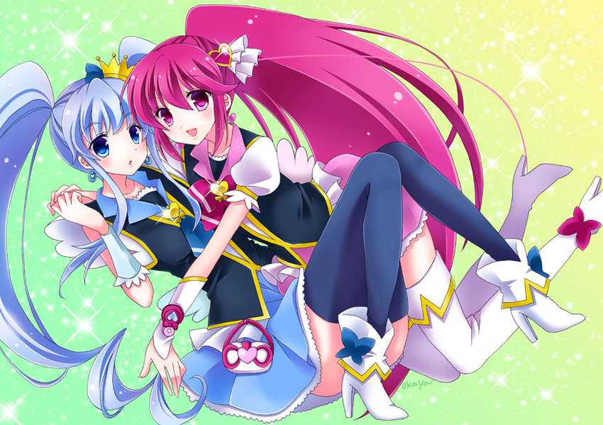 shirayuki hime, aino megumi, cure lovely, and cure princess (precure and 1 more) drawn by okayashi