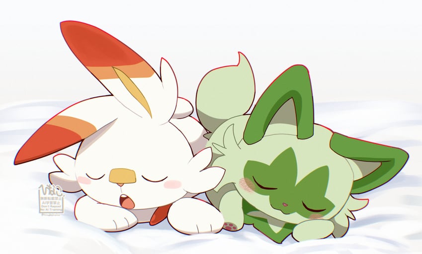 sprigatito and scorbunny (pokemon) drawn by hinako_iroiro