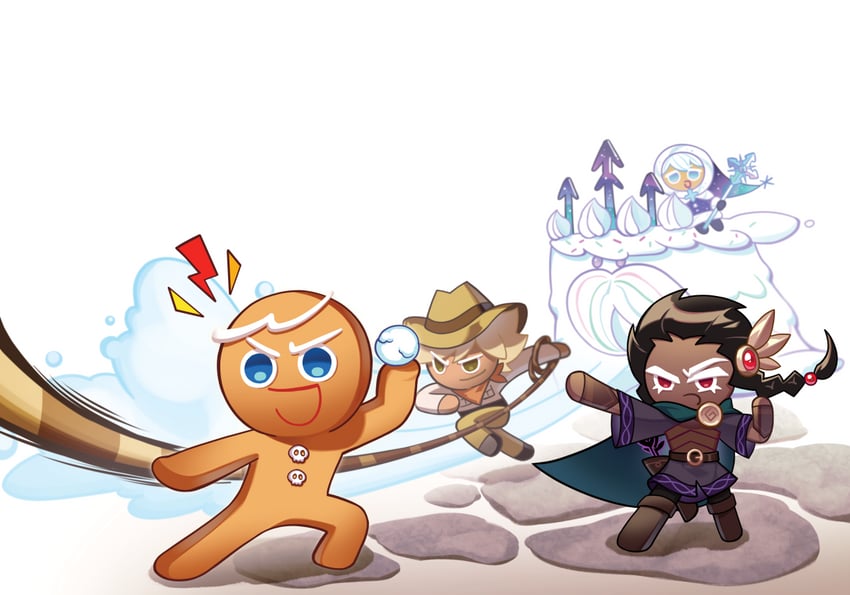 gingerbrave, snow sugar cookie, adventurer cookie, snow king, and yew tree cookie (cookie run and 1 more) drawn by pikett_iv