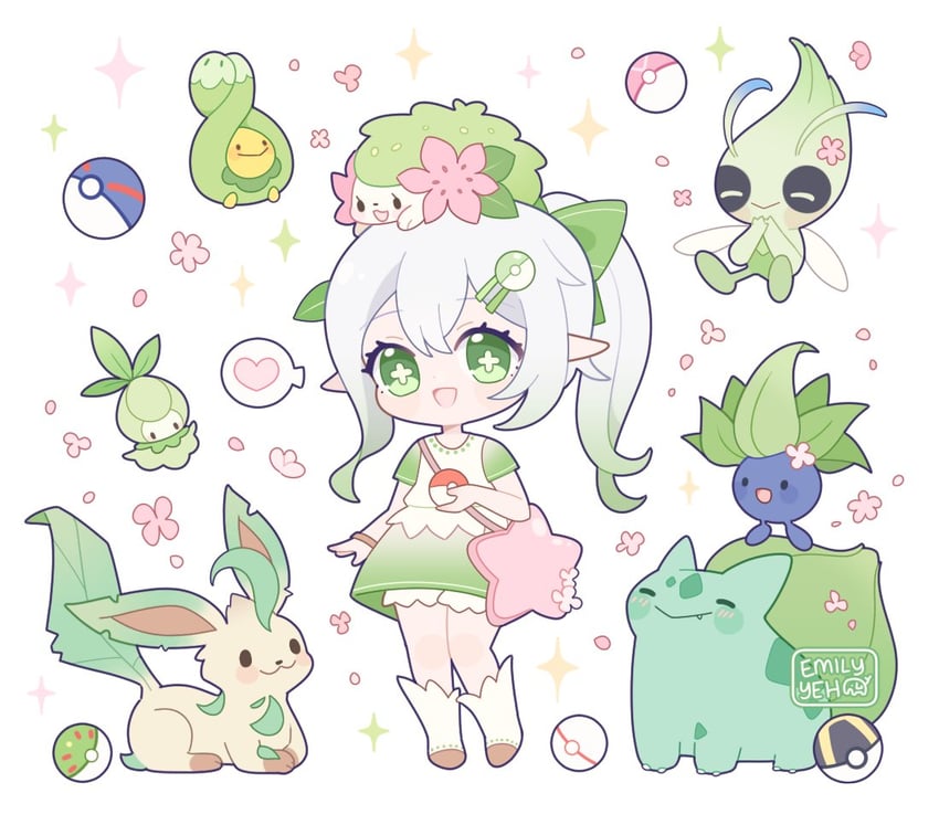 nahida, bulbasaur, leafeon, celebi, shaymin, and 3 more (pokemon and 1 more) drawn by hey_emilyyeh