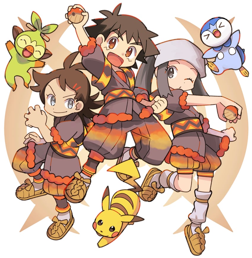 pikachu, dawn, ash ketchum, piplup, grookey, and 1 more (pokemon and 1 more) drawn by stchame