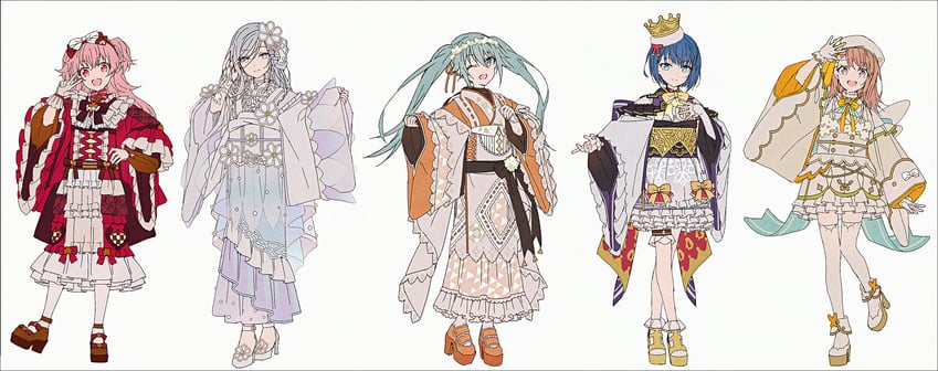 hatsune miku, hanasato minori, kiritani haruka, momoi airi, hinomori shizuku, and 1 more (vocaloid and 1 more) drawn by hakusai_(tiahszld)