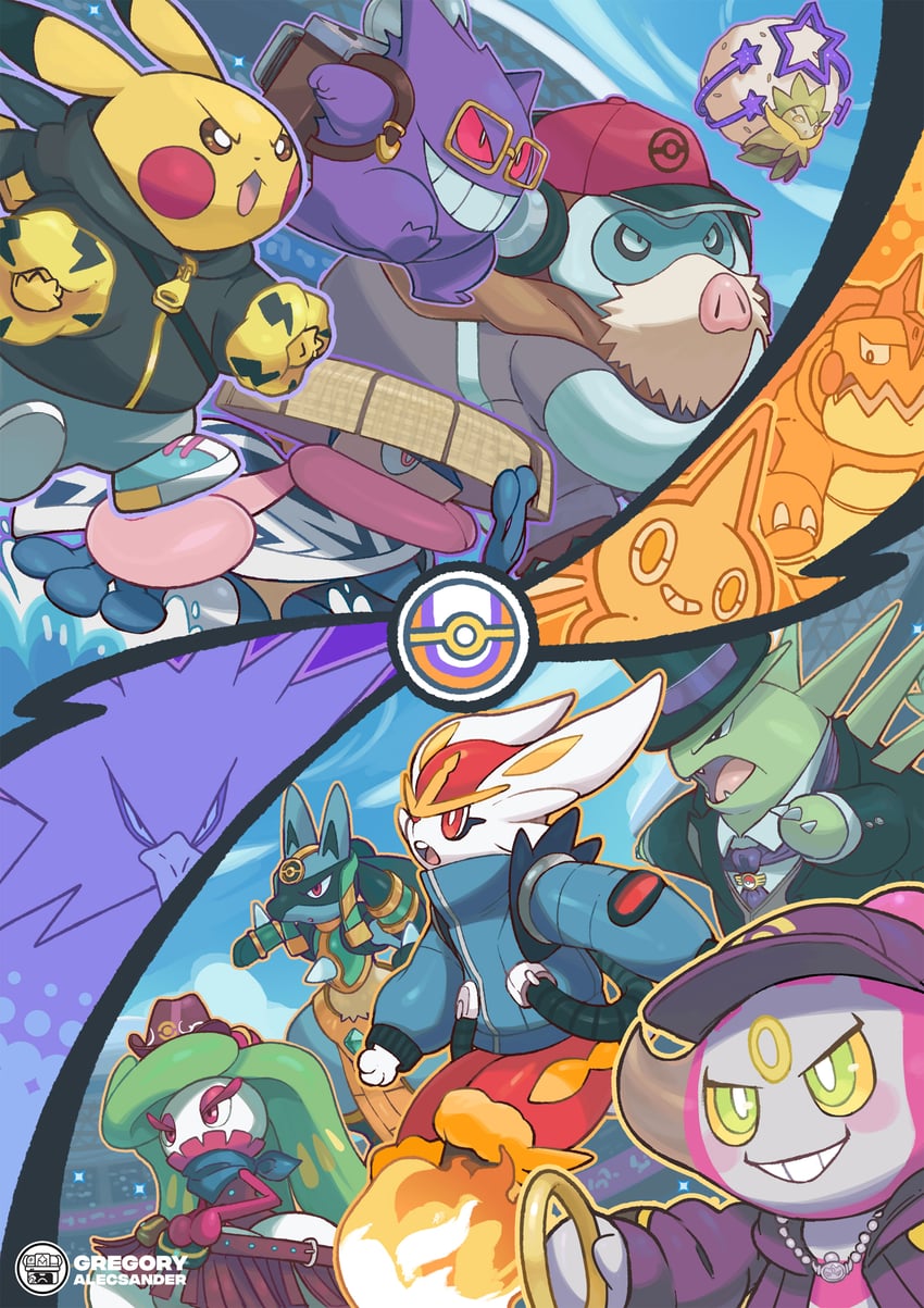 pikachu, rotom, lucario, gengar, cinderace, and 8 more (pokemon and 1 more) drawn by gregory_alecsander