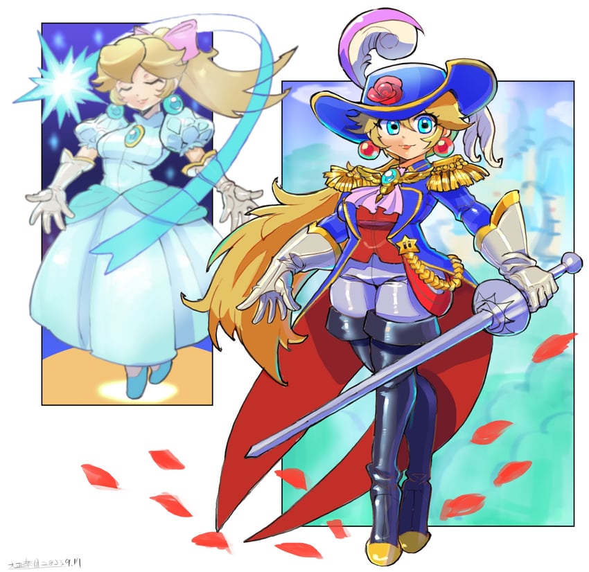 princess peach and swordfighter peach (mario and 1 more) drawn by oomasa_teikoku
