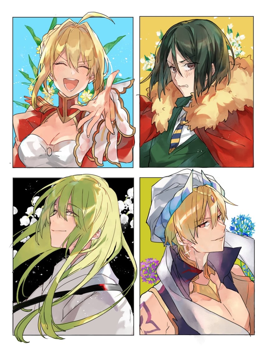 nero claudius, waver velvet, enkidu, and gilgamesh (fate and 1 more) drawn by waltz_(tram)