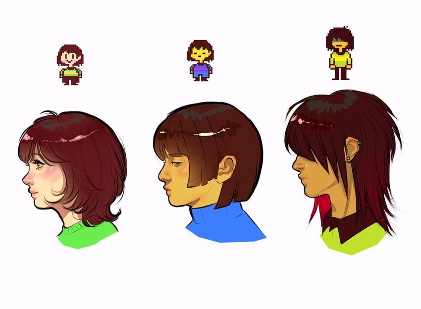frisk, chara, and kris (undertale and 1 more) drawn by gwenervi
