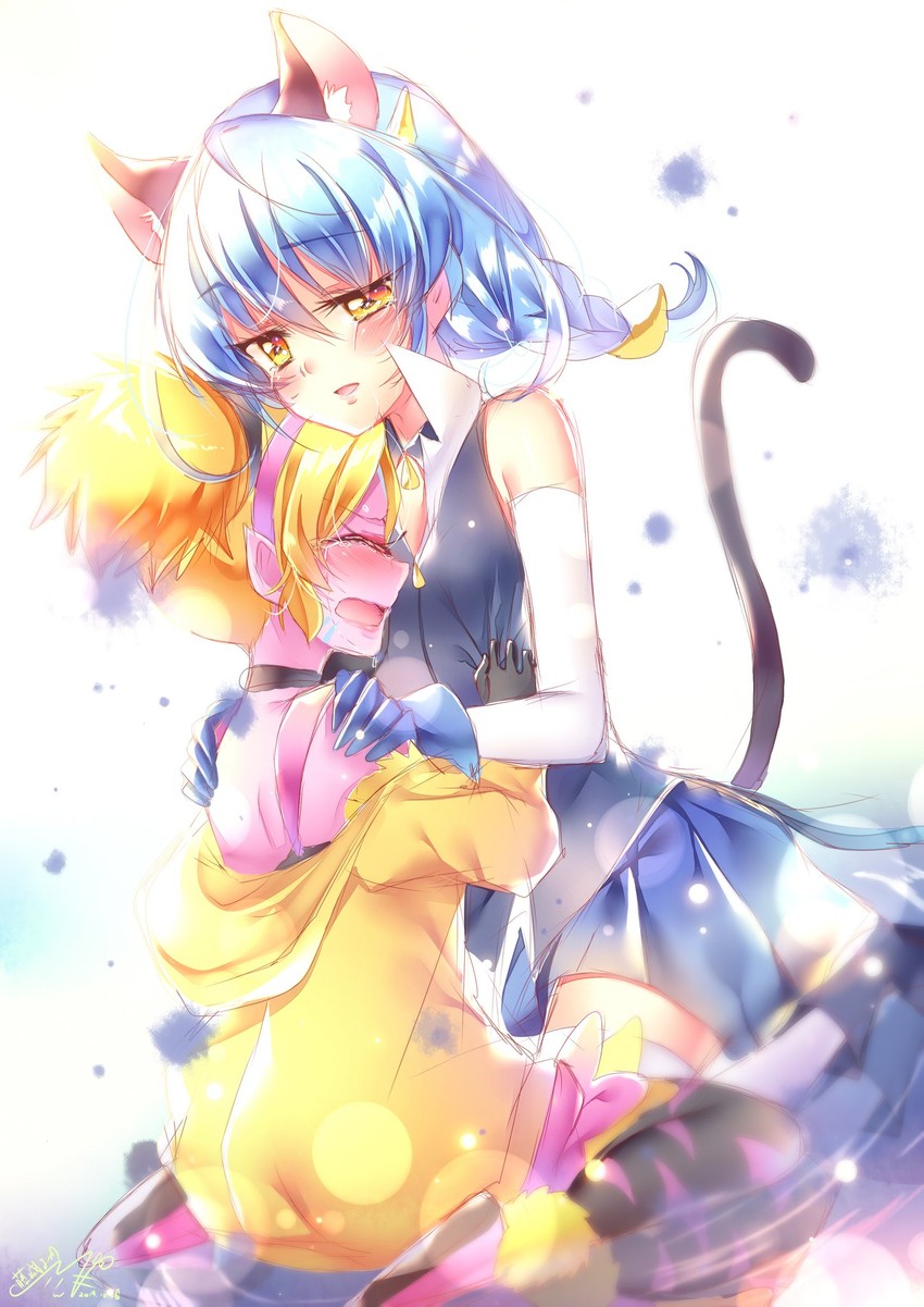 yuni, blue cat, and eyewon (precure and 1 more) drawn by touki_matsuri