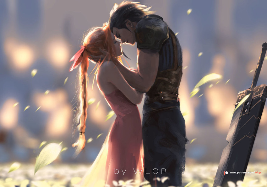 aerith gainsborough and zack fair (final fantasy and 2 more) drawn by wlop
