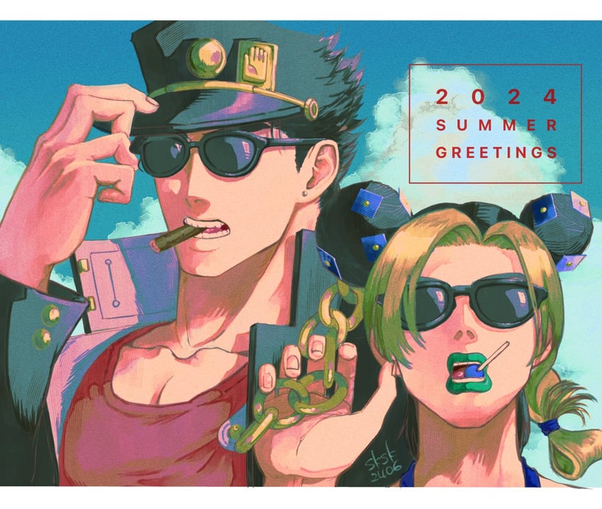 kujo jotaro and kujo jolyne (jojo no kimyou na bouken and 2 more) drawn by ssskkksss2019