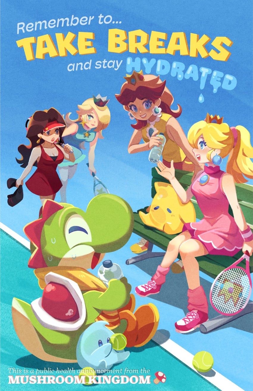 princess peach, rosalina, princess daisy, luma, yoshi, and 1 more (mario and 3 more) drawn by nova_borealis