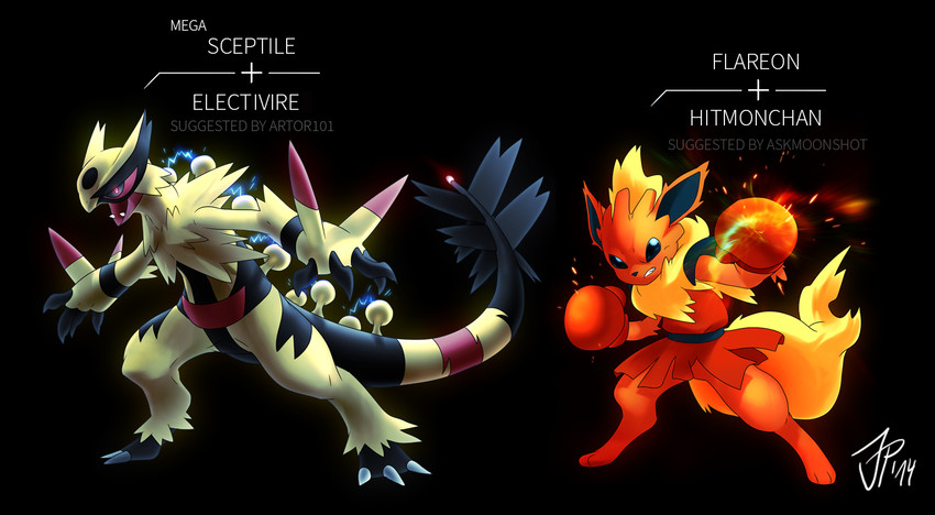 flareon, sceptile, electivire, and hitmonchan (pokemon) drawn by josephine_(cat-meff)