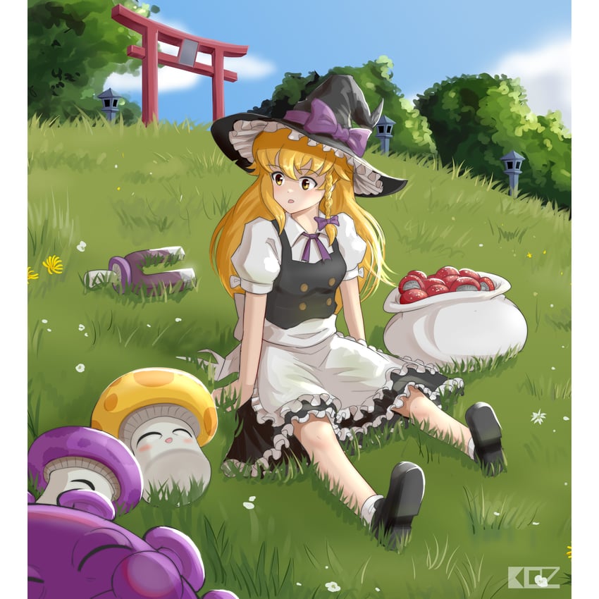 kirisame marisa, puff-shroom, sun-shroom, magnet-shroom, and gloom-shroom (touhou and 1 more) drawn by edz_drawz
